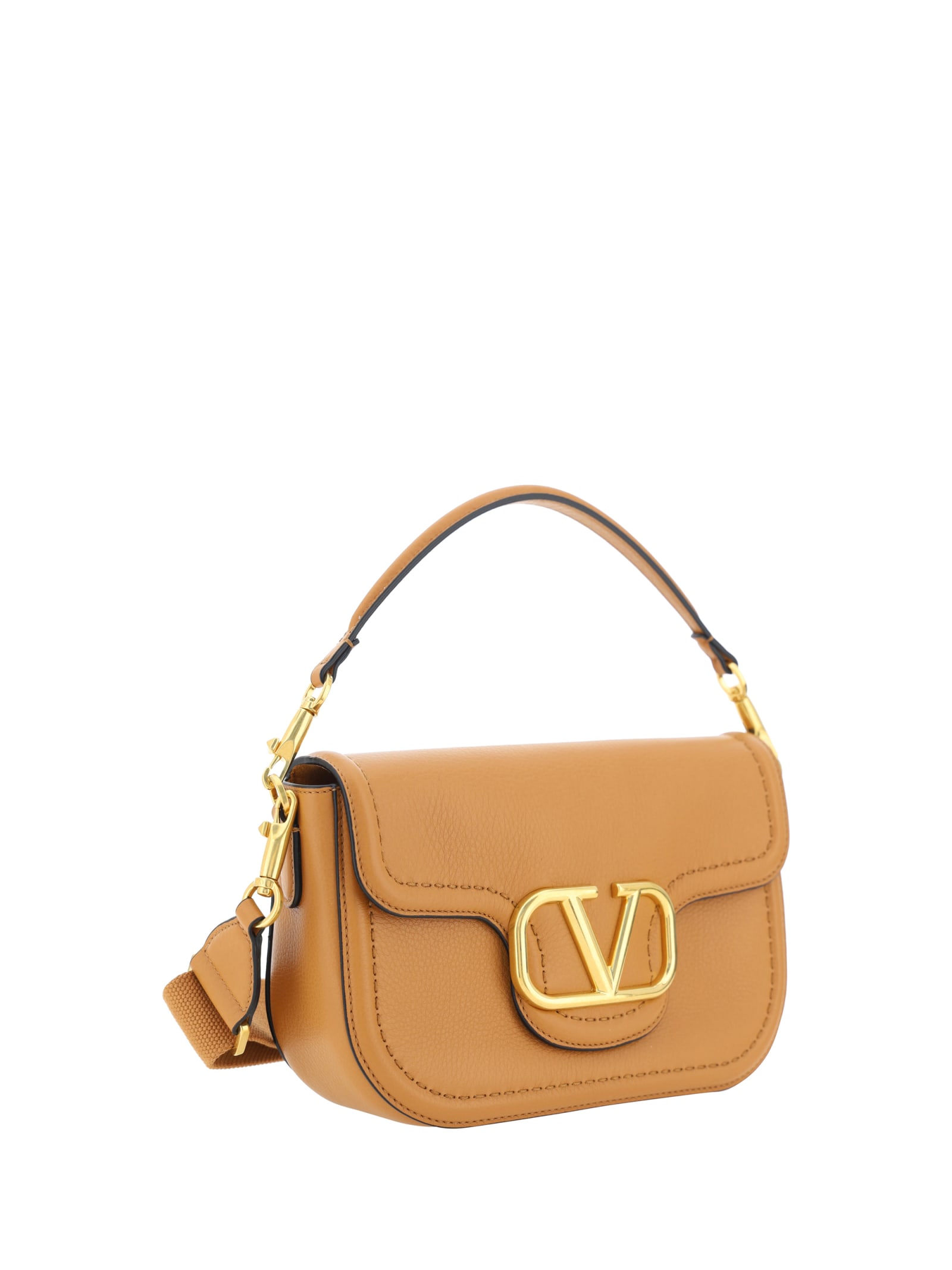Valentino Garavani Almond Beige Calf Leather Alltime Shoulder Bag In Brown