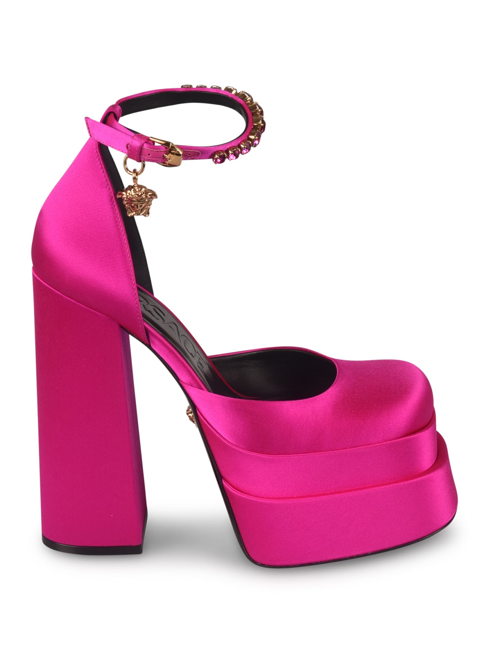 Versace Crystal Embellished Ankle Strap Block-heel Sandals