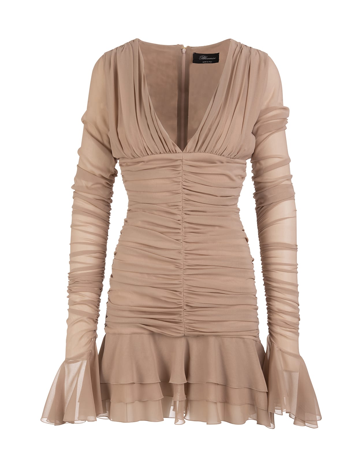 Blumarine Woman Short Dress In Beige Ruffled Silk With Flounces