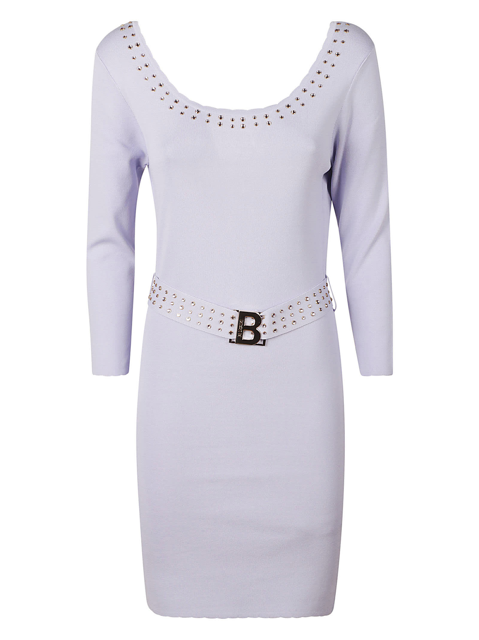 Shop Blugirl Belted Waist Long-sleeved Studded Dress In Lavanda