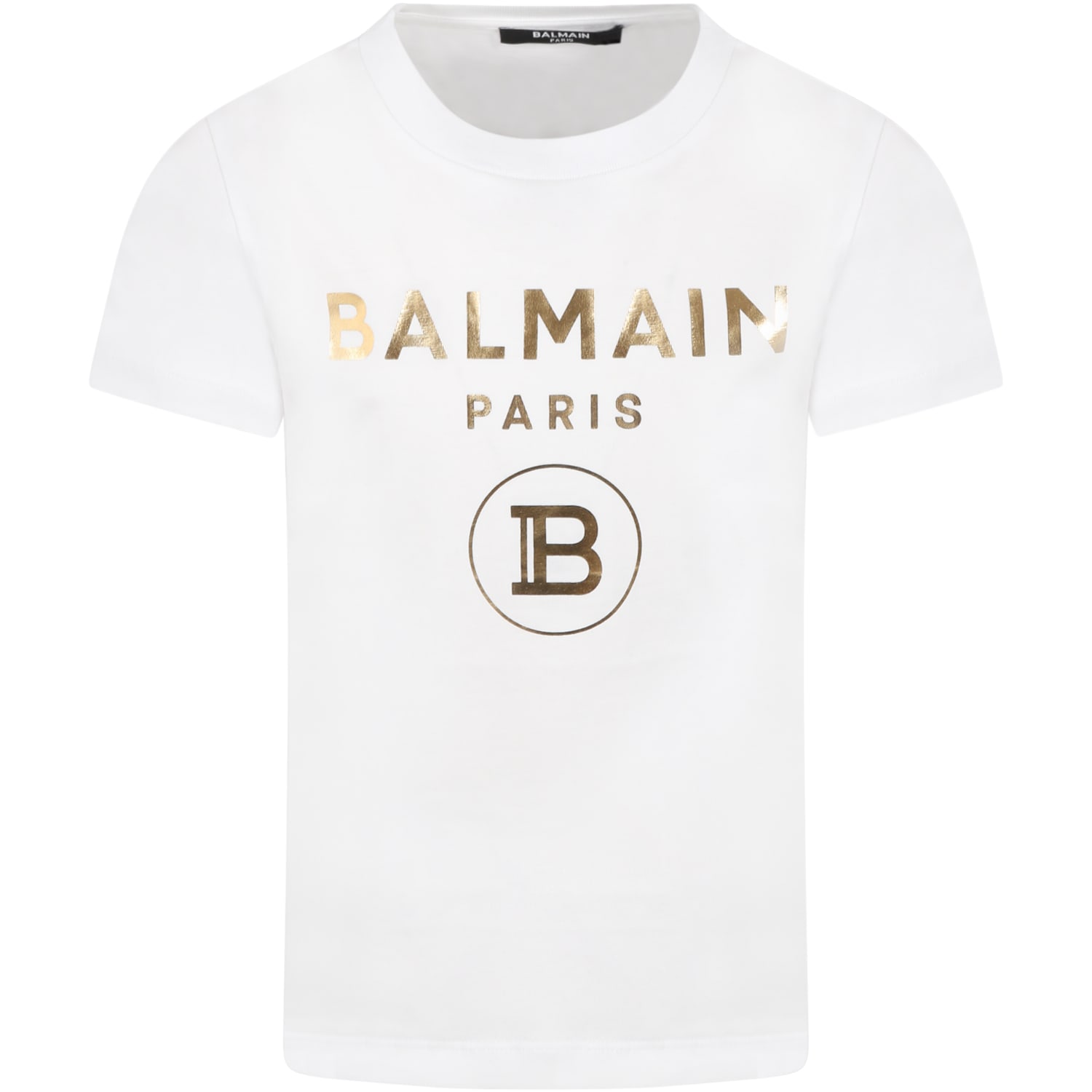 Balmain White T-shirt For Kids With Gold Logos