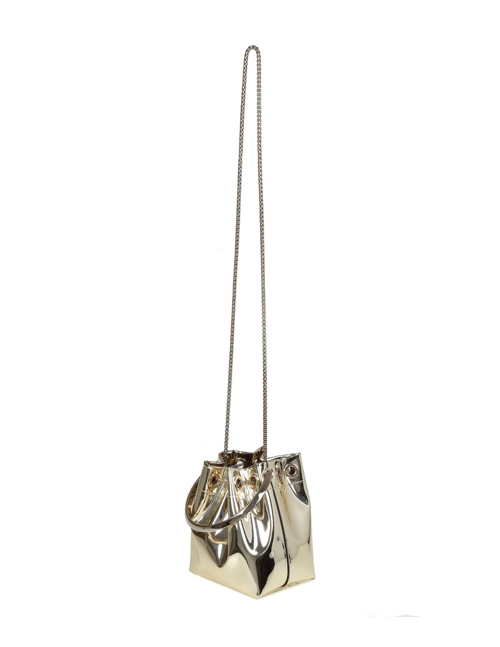 Jimmy Choo Shiny Mirror-effect Bon Bon Bag With Chain Drawstring And Metal Handle In Gold