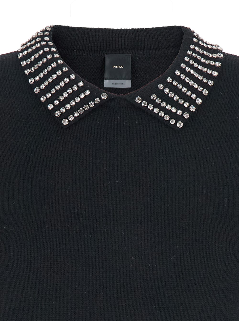 Pinko Classic Black Sweater With Embellished Collar And Ribbed Hem In Black