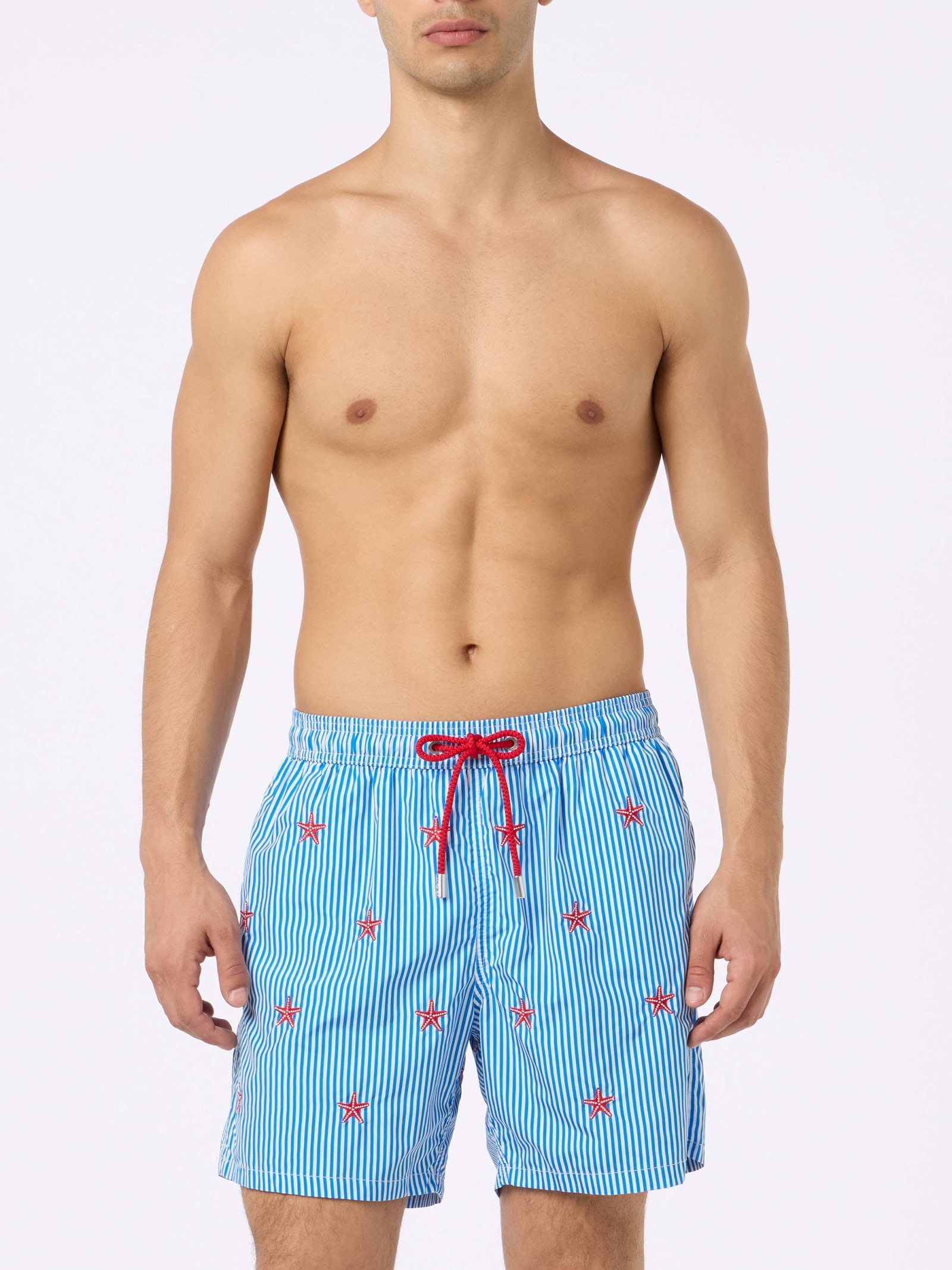 Shop Mc2 Saint Barth Man Lightweight Fabric Swim-shorts Lighting With Seastars Embroidery In Blue