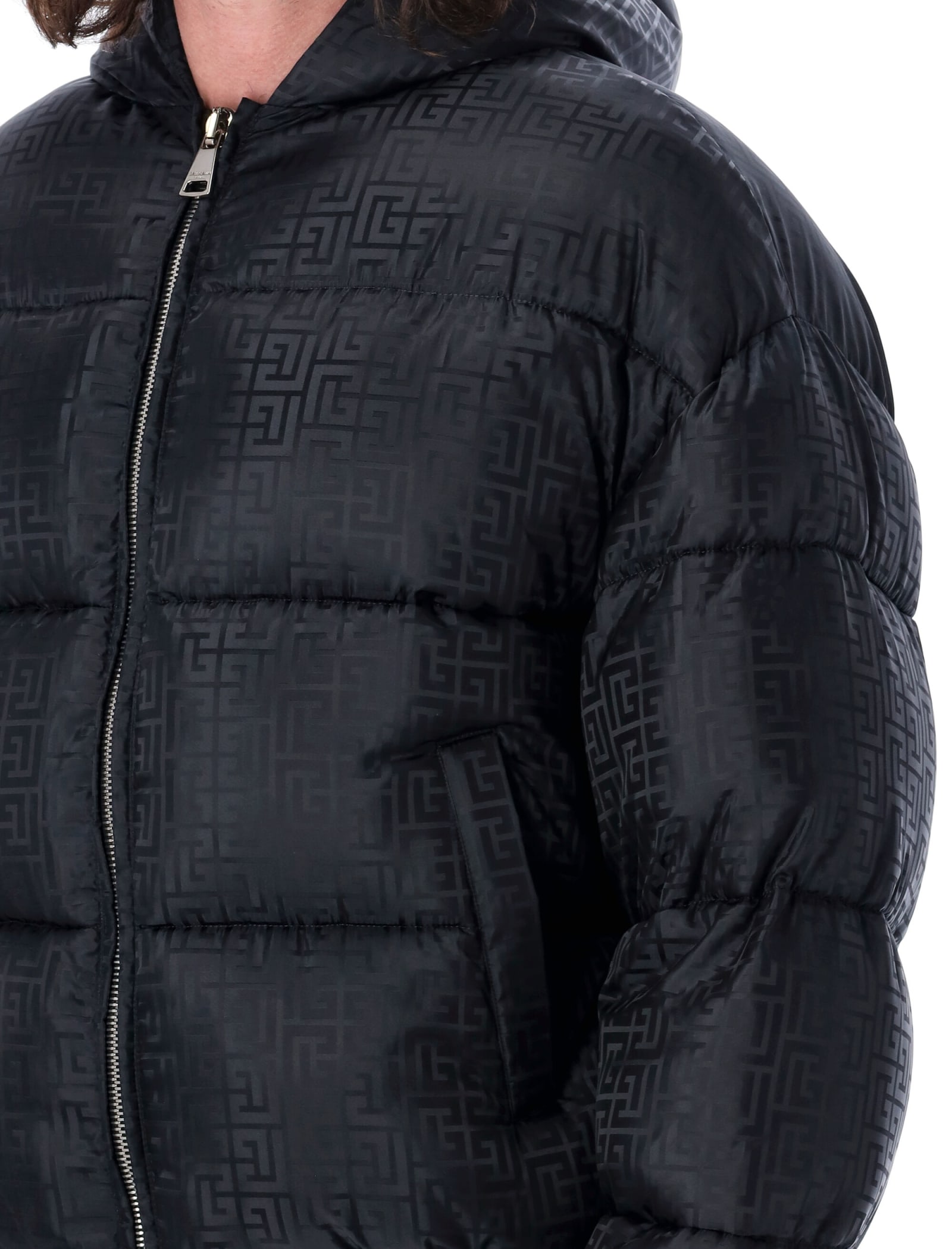 Shop Balmain Monogram Down Jacket In Nero