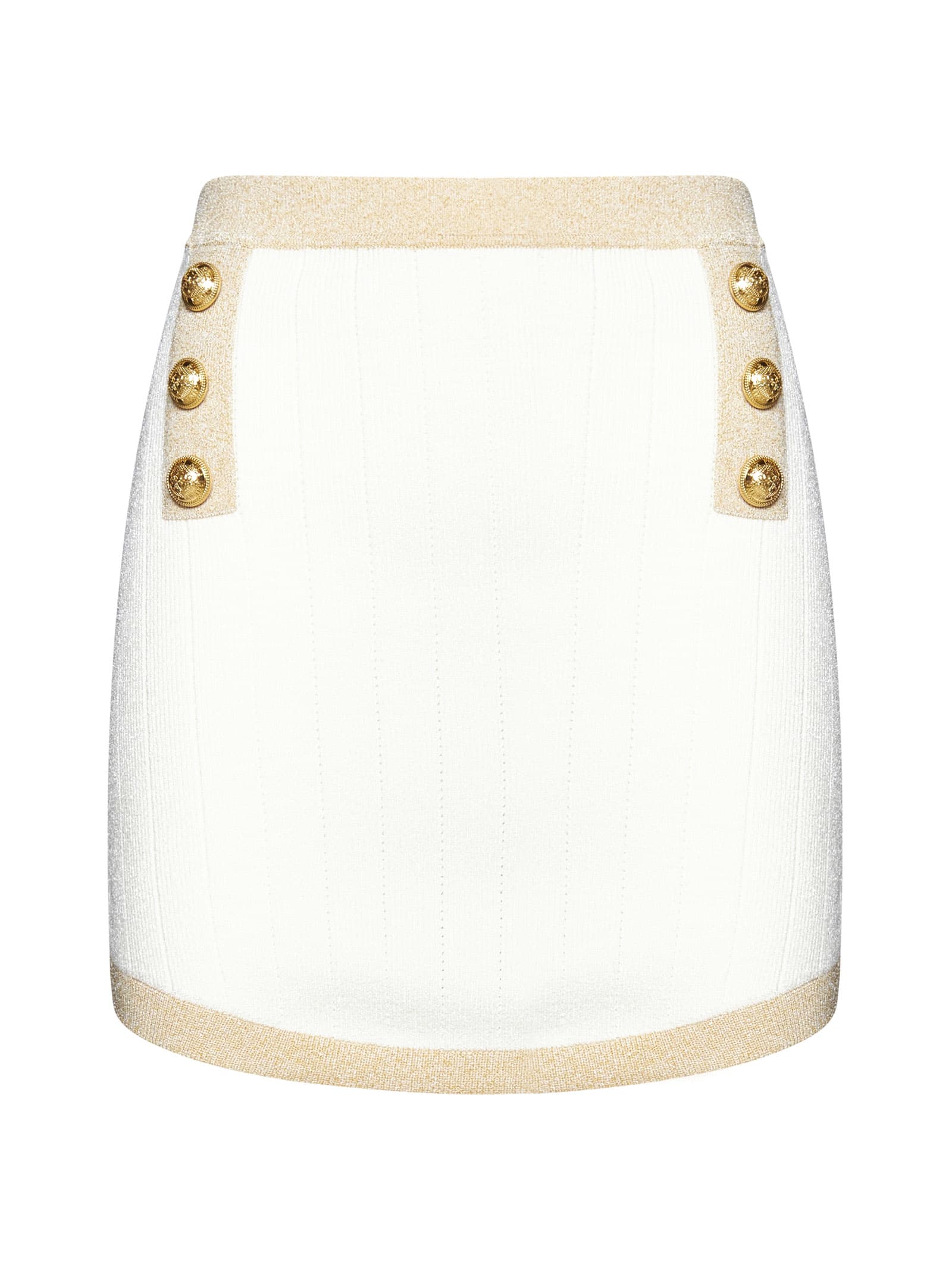 Balmain 6-button Metallic-edge Pointelle Knit Mini Skirt In Naturel Or