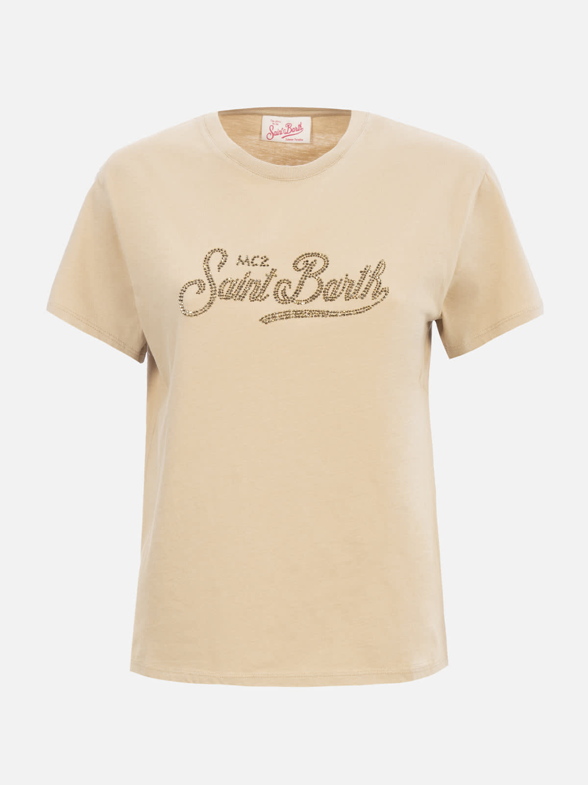Mc2 Saint Barth Woman Cotton Jersey Crewneck T-shirt Emilie With Saint Barth Rhinestones Embroidery In White