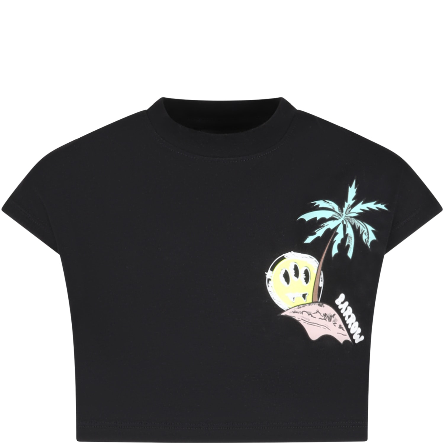 Barrow Black T-shirt For Girl With Smiley And Flowers In Nero