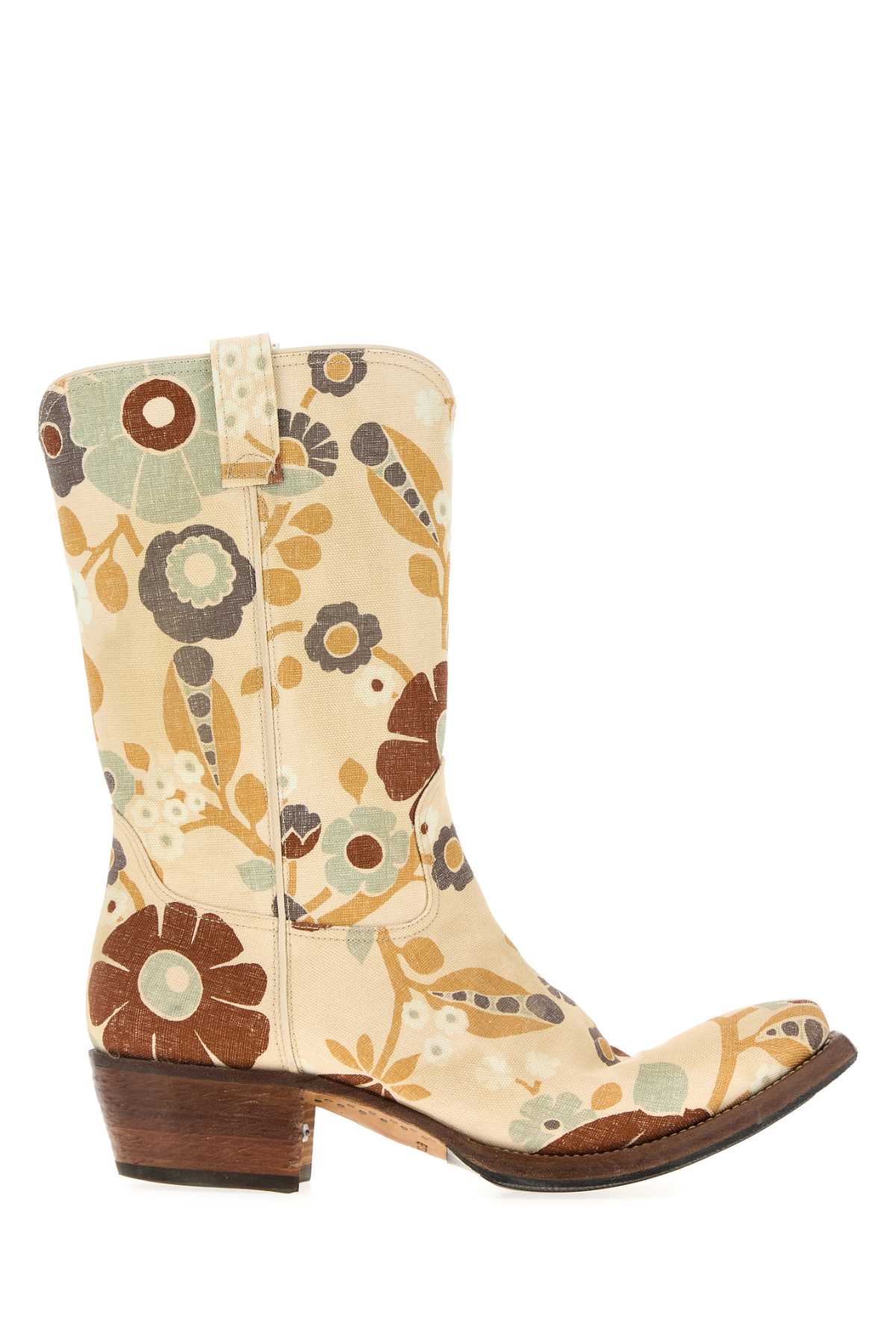 Prada Floral Block Heel Mid-calf Canvas Boots In Yellow