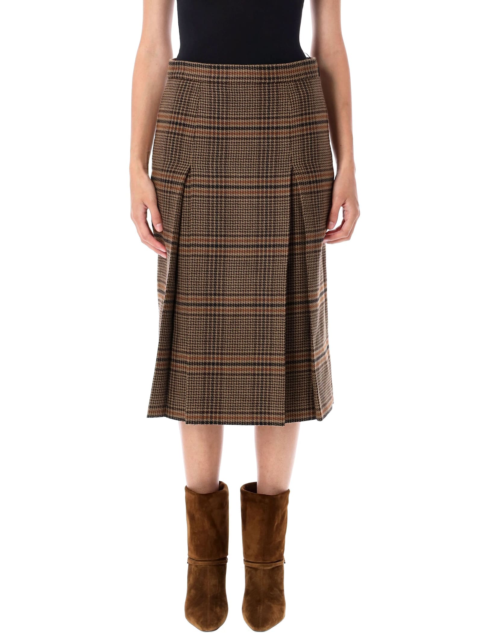 Saint Laurent Prince Of Wales Wool Midi Skirt In Brown