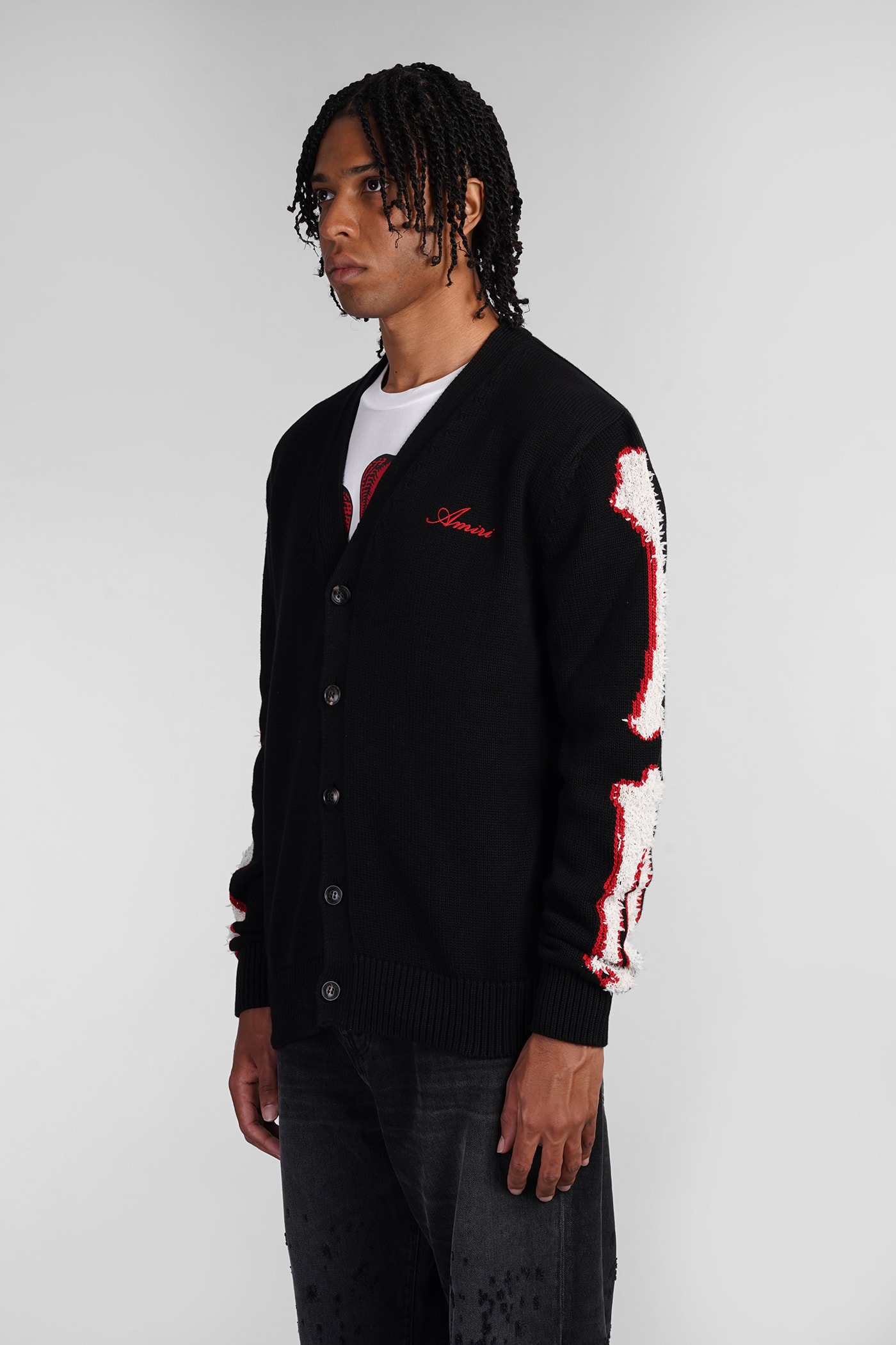 Amiri Black Cardigan With Bones Motif And Logo In Cotton Man In Black