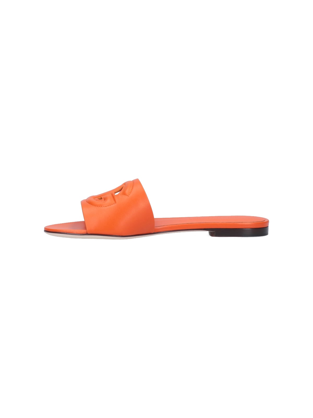 Dolce & Gabbana Slide Sandals In Orange Leather With Logo In Orange
