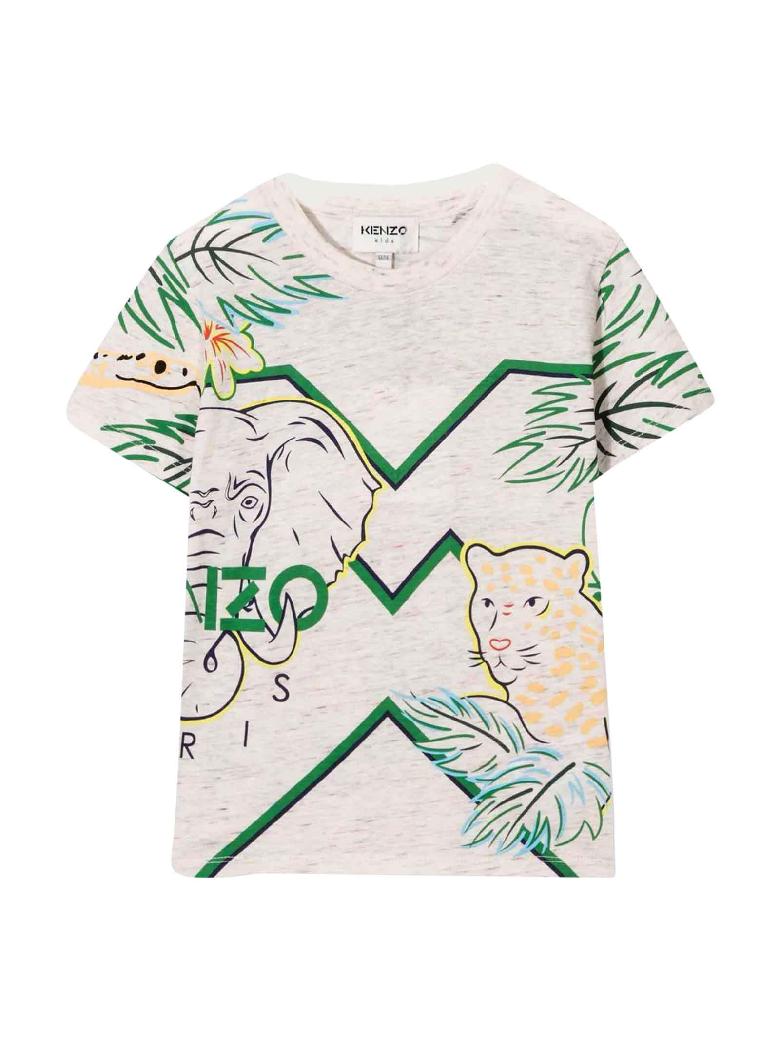 Kenzo Kids Ecru / Green Teen Unisex T-shirt With All-over Logo Print, Crew Neck, Short Sleeves And Straight Hem By.