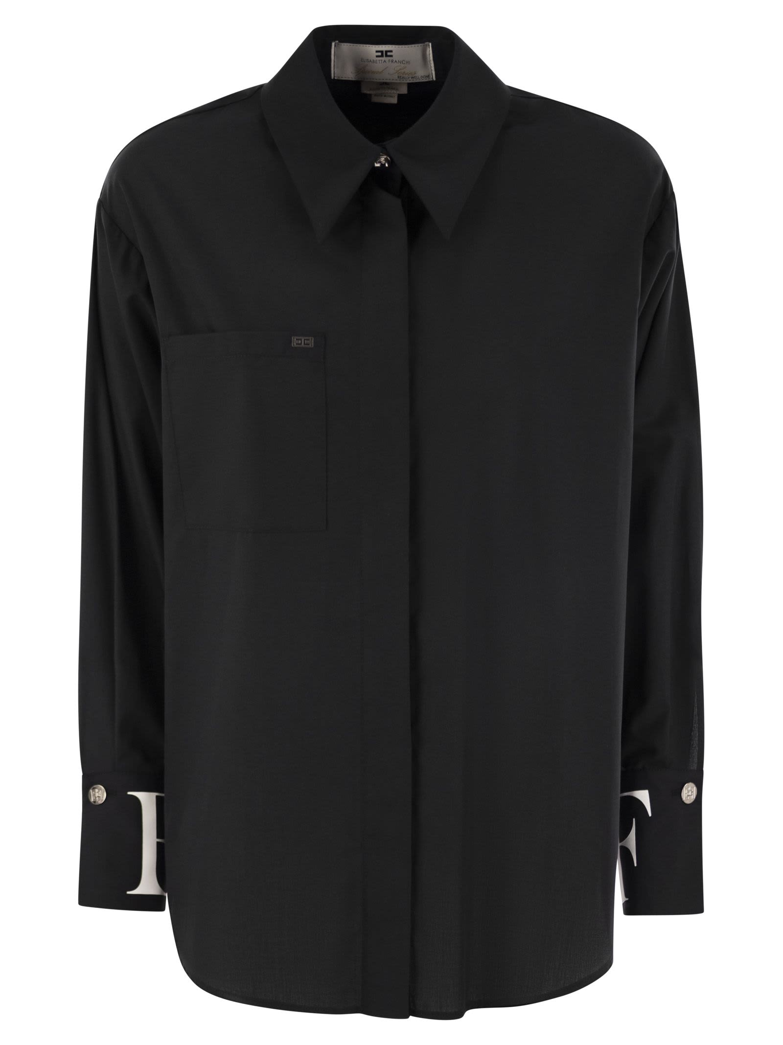 Shop Elisabetta Franchi Poplin Shirt With Logo On Cuffs In Black