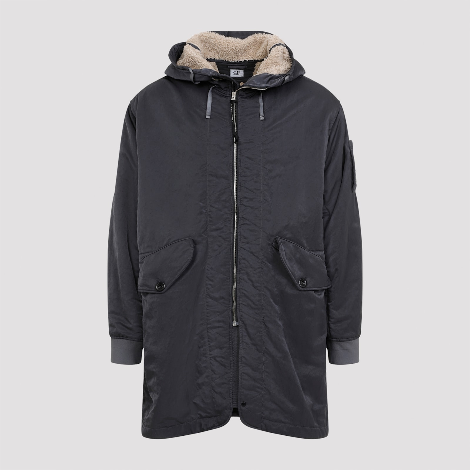 Shop C.p. Company Nylon Long Jacket In Black Sand