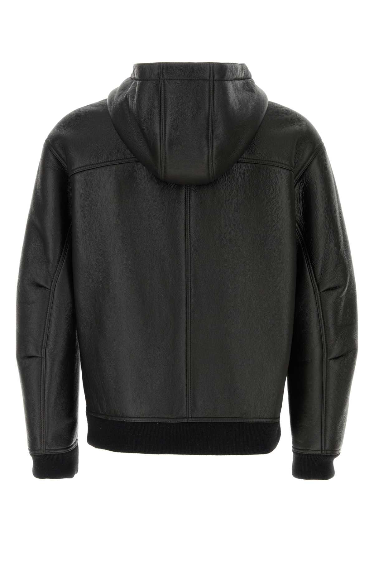 Gucci Leather Jacket With Front Pockets And Hood In Blackivory