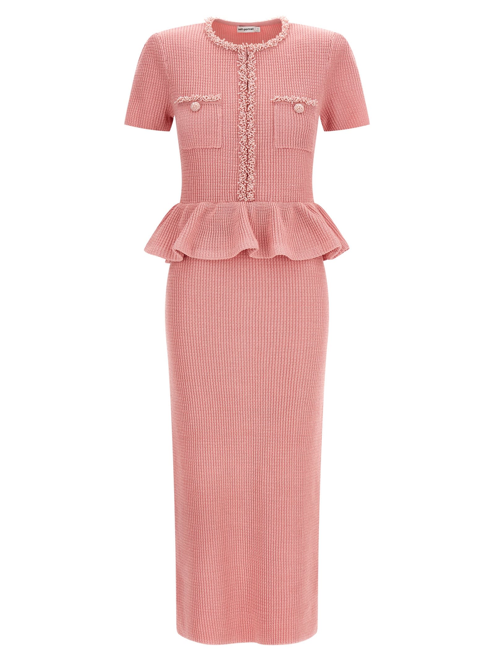 Self-portrait Pink Peplum Knit Midi Dresses Pink In Pink
