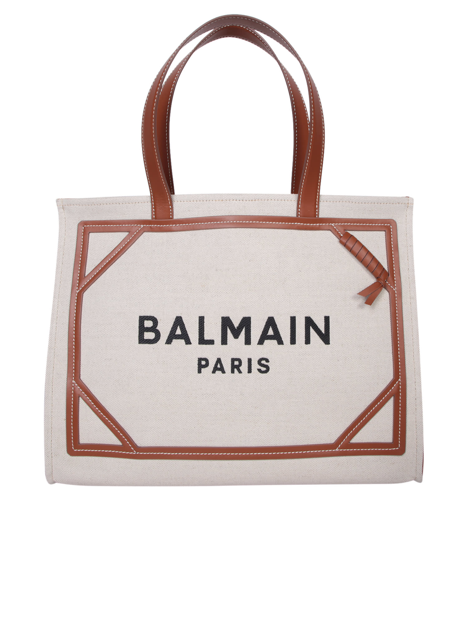 Shop Balmain B-army Medium Shopper Canvas Bag With Natural Brown Logo In Beige