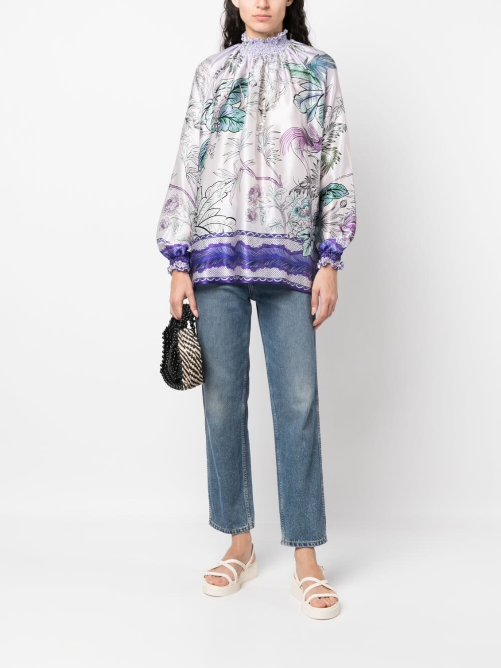 F.r.s For Restless Sleepers Light Purple High Neck Printed Silk Blouse