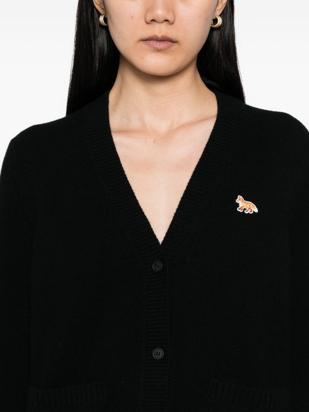 Maison Kitsuné V-neck Long Sleeve Wool Cardigan In Black
