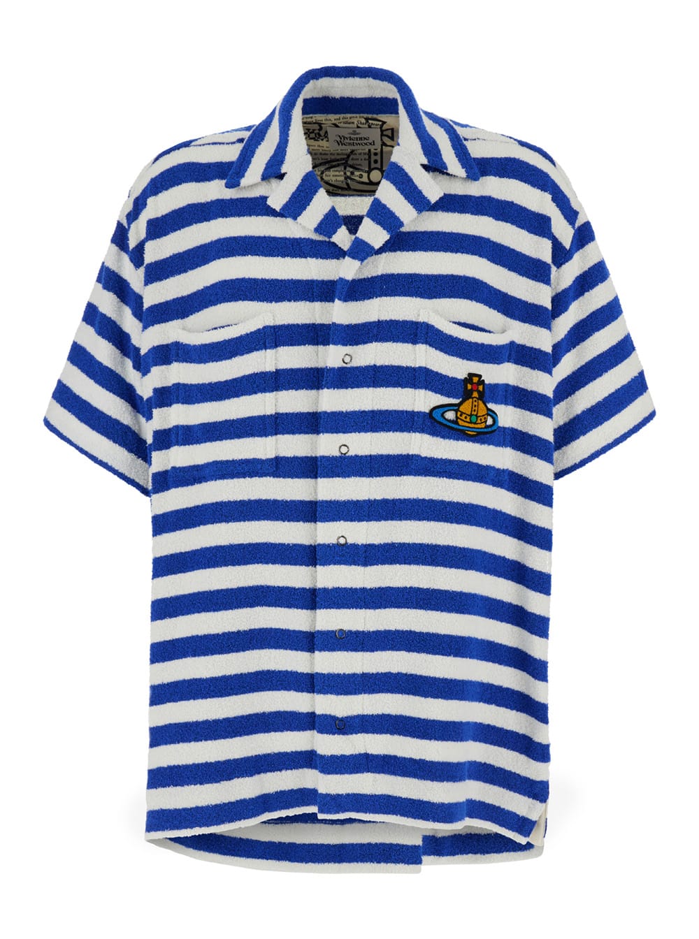 Blue And White Striped Bowling Shirt With Orb Embroidery In Cotton Blend Man