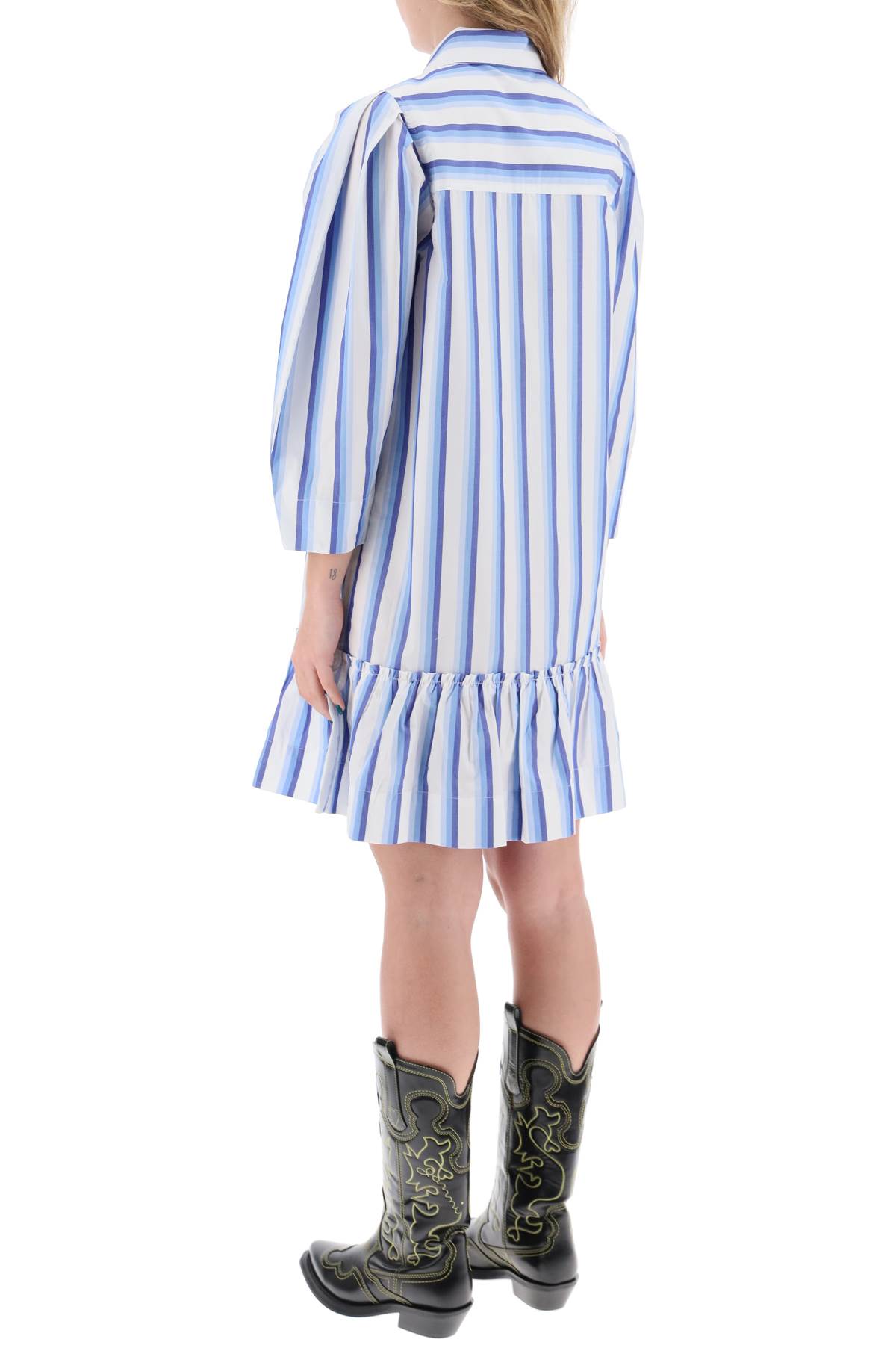 Shop Ganni Striped Dress With Ruffles. In Silver Lake Blue (pink)