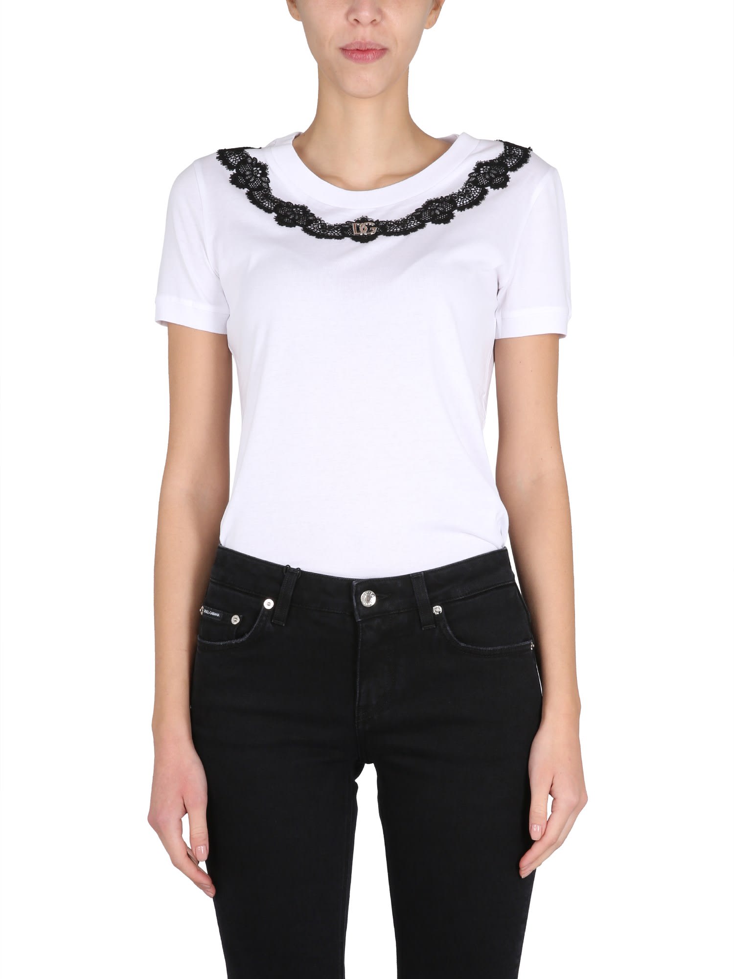 Dolce & Gabbana Lace-trimmed Cotton T-shirt In Bianco