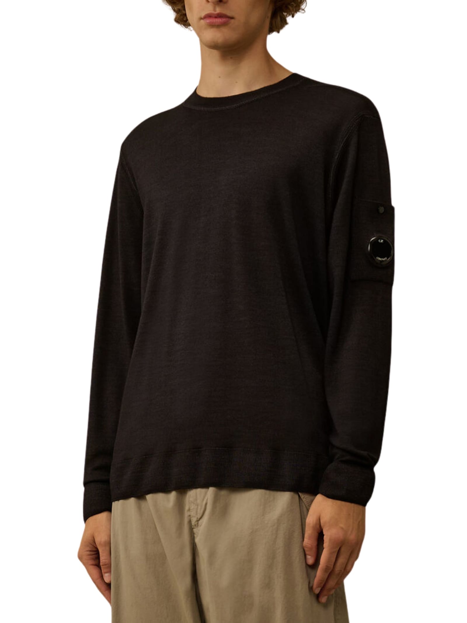 C.p. Company Fine-knit Merino Crewneck Sweater With Patch Pocket Detail In Brown