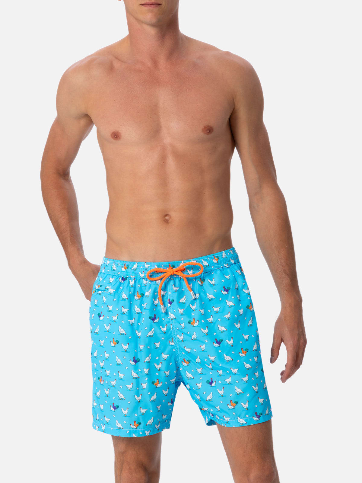 Mc2 Saint Barth Man Lightweight Fabric Swim-shorts Lighting Micro Fantasy With Rooster Print In Sky