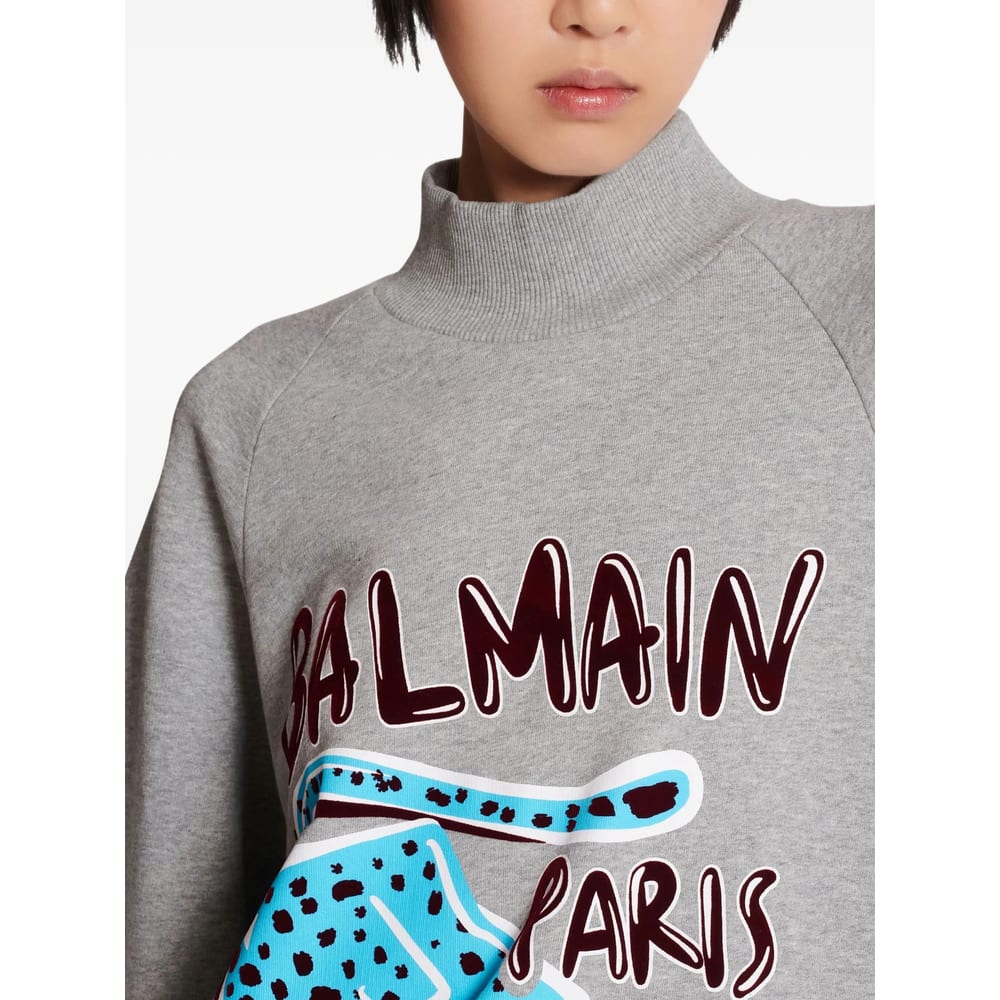 Balmain Cheetah-print Turtleneck Sweatshirt In Gray