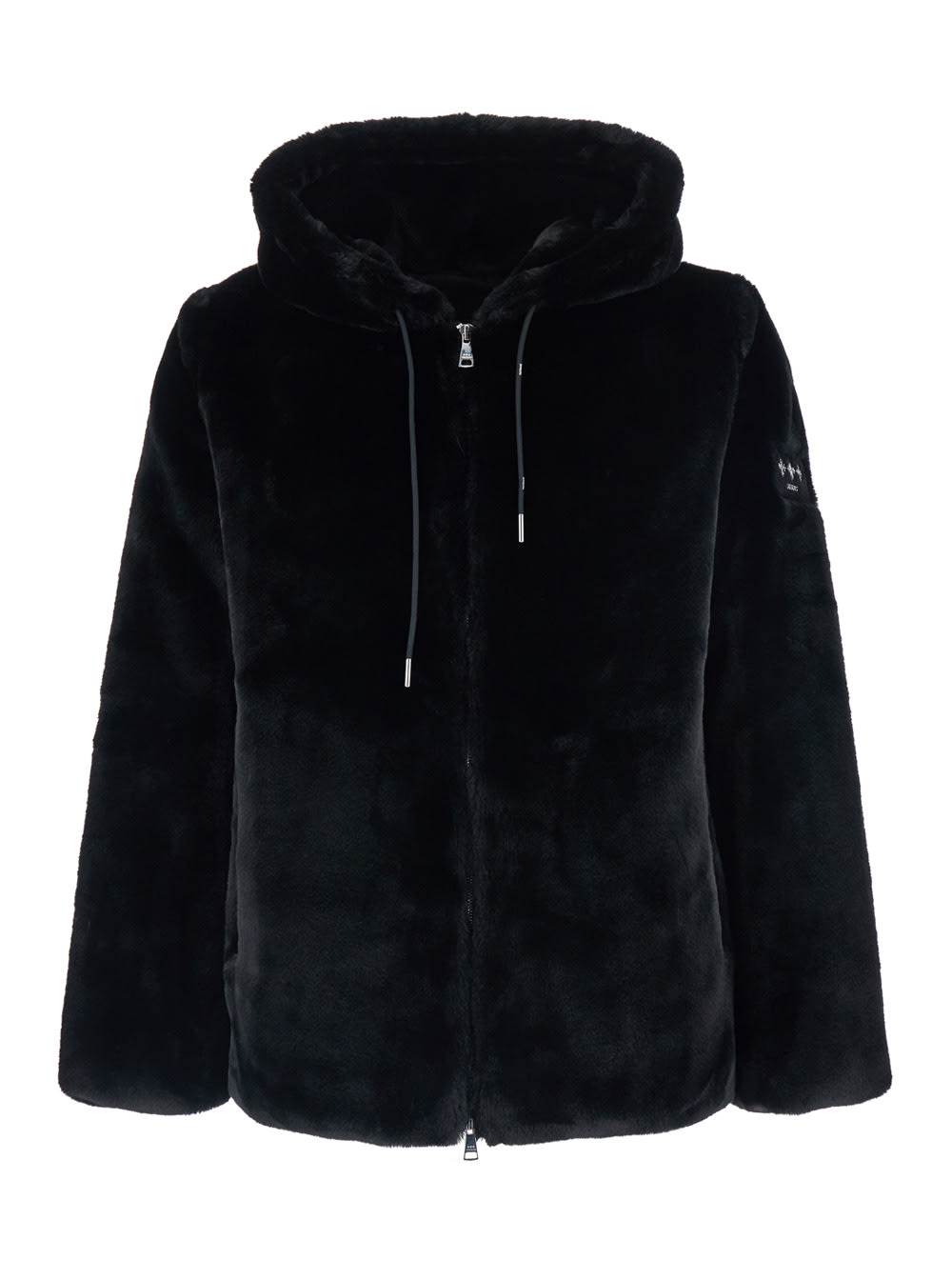 Tatras Black Hooded Jacket With Drawstring And Logo Patch On The Sleeve In Faux Fur Man In Black