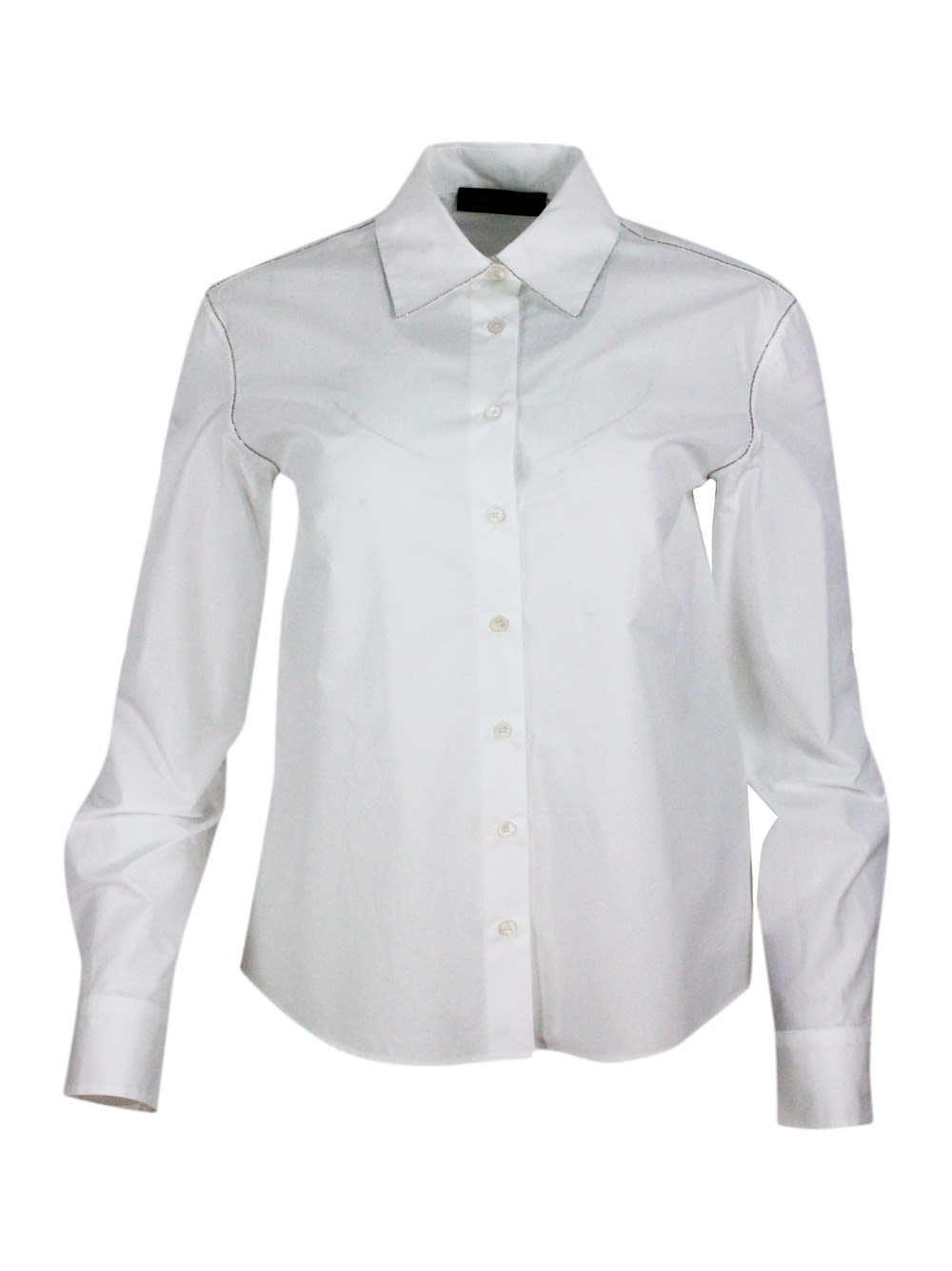 Shop Fabiana Filippi Long-sleeved Shirt In Stretch Cotton Poplin With A Slim Fit Trimmed With Rows Of Brilliant Jewels In White