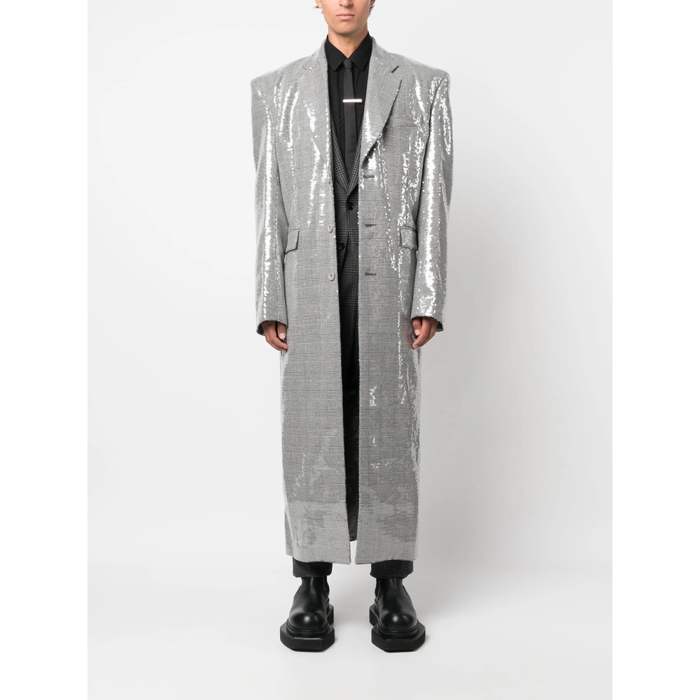 Vetements Sequin-embellished Checked Coat In Gray