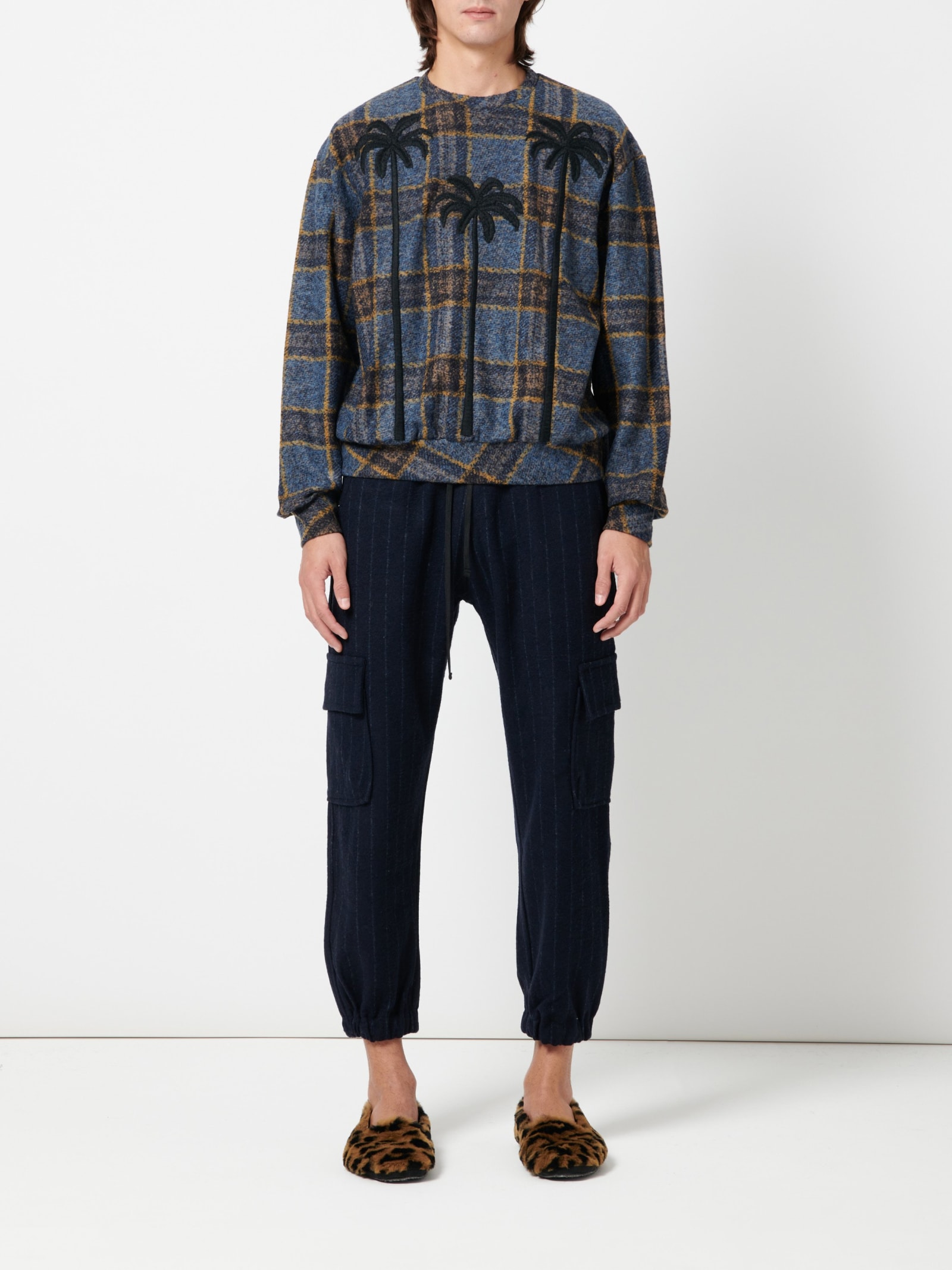Christian Pellizzari Sweatshirt Check Wool Jersey With Black Embroidery Palms