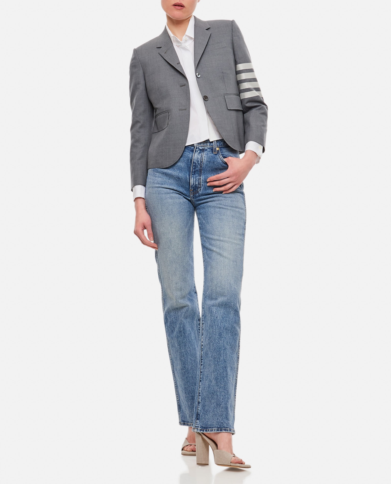 Thom Browne Four-bar Stripe Wool Cropped Single Breasted Blazer In Grey