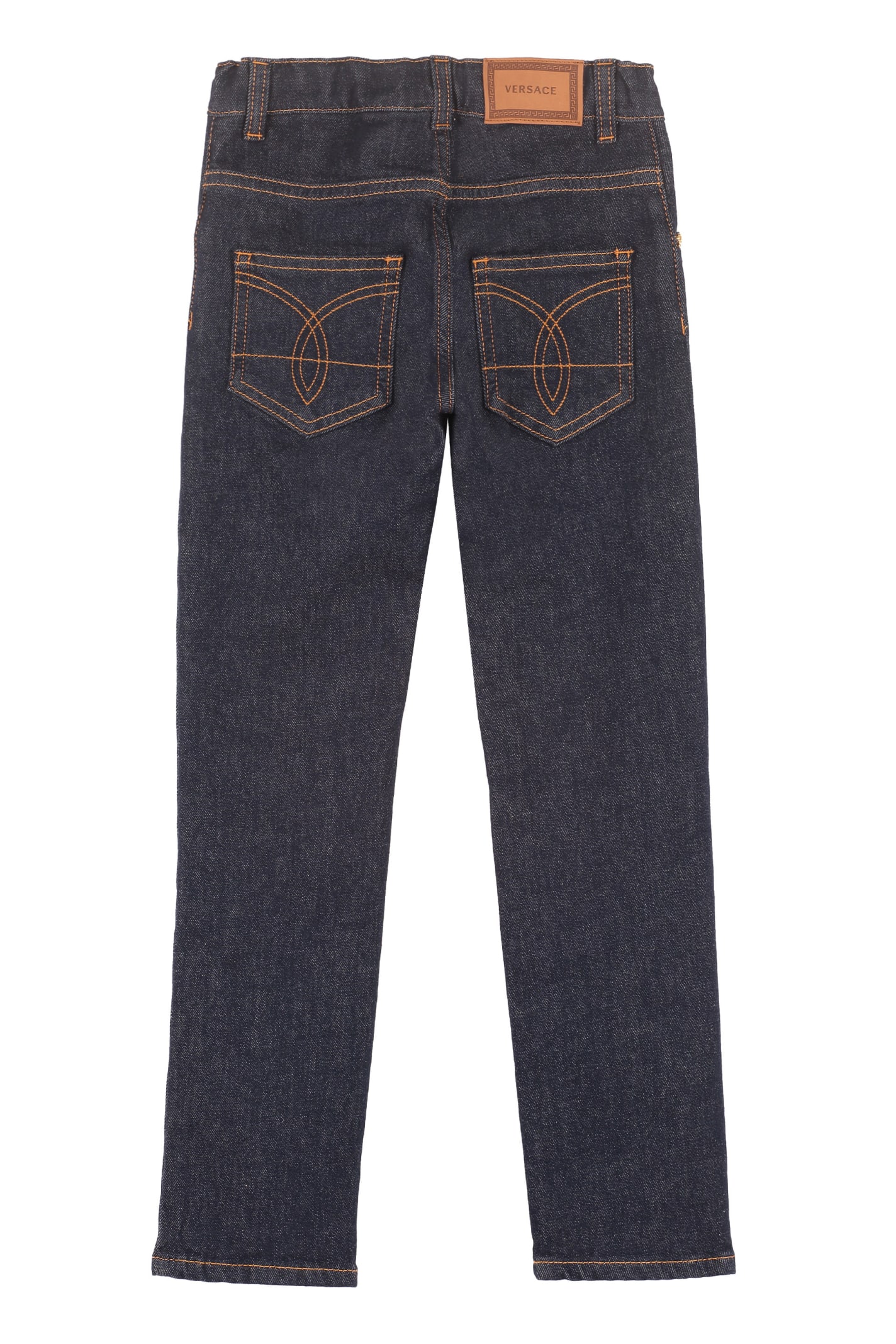 Shop Young Versace Logo Print 5-pocket Jeans In Denim
