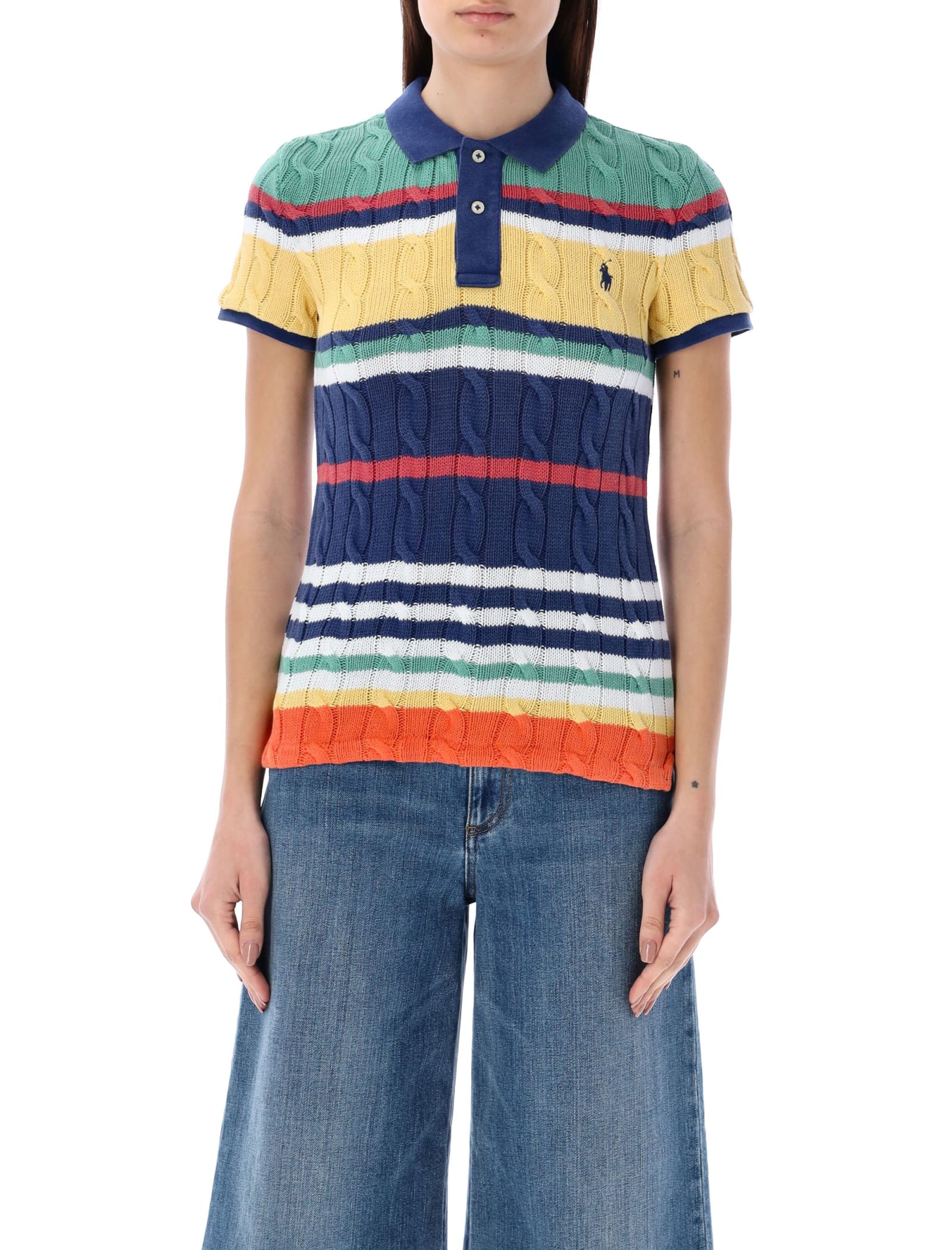 Striped Cable Knit Polo Shirt