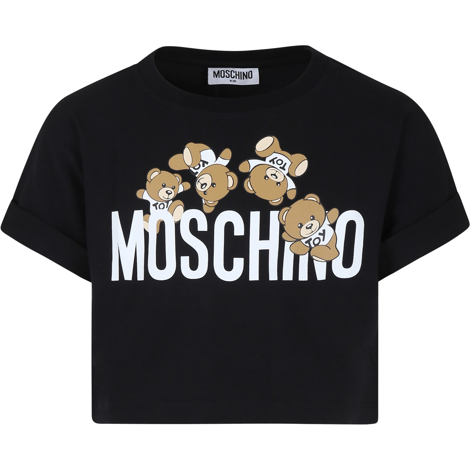 Shop Moschino Black Crop T-shirt For Girl With Teddy Bears And Logo