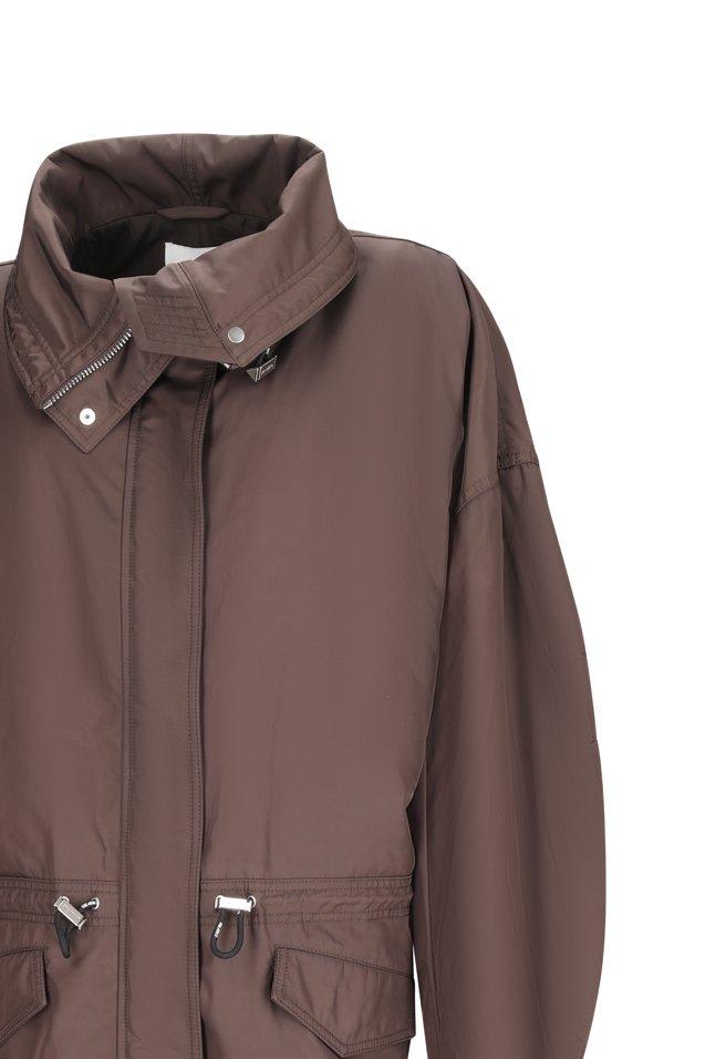 Attico Long Coat With High Collar And Drawstring Waist In Brown
