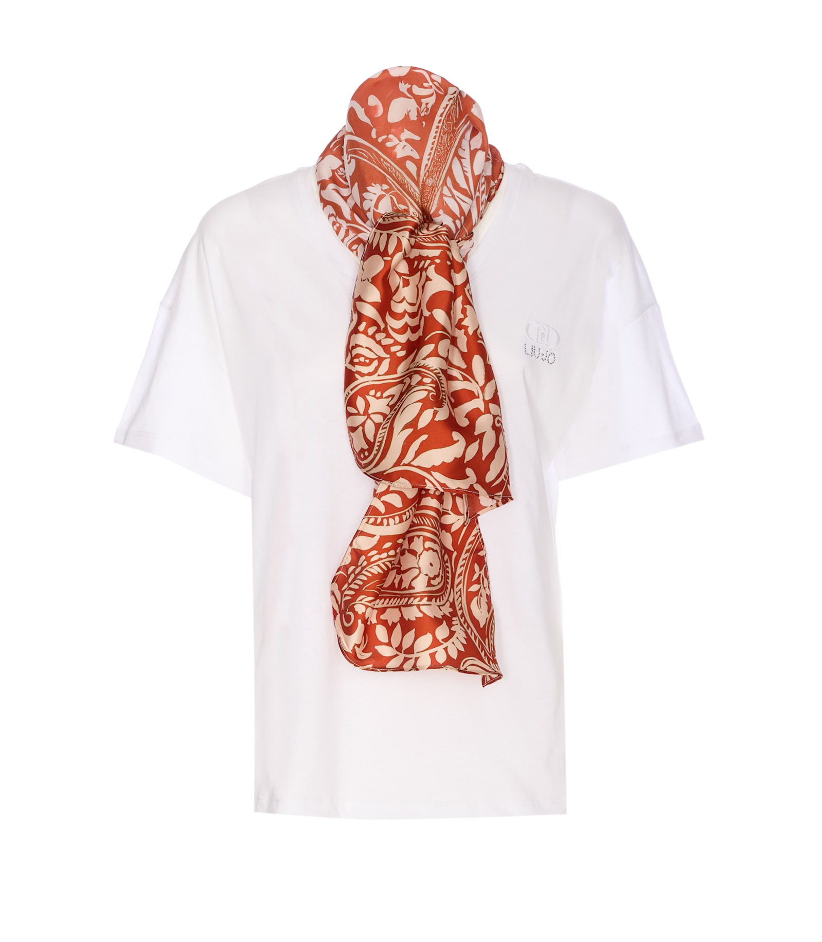 Liu •jo Crewneck And V-neck T-shirt With Scarf Accessory In Bianco