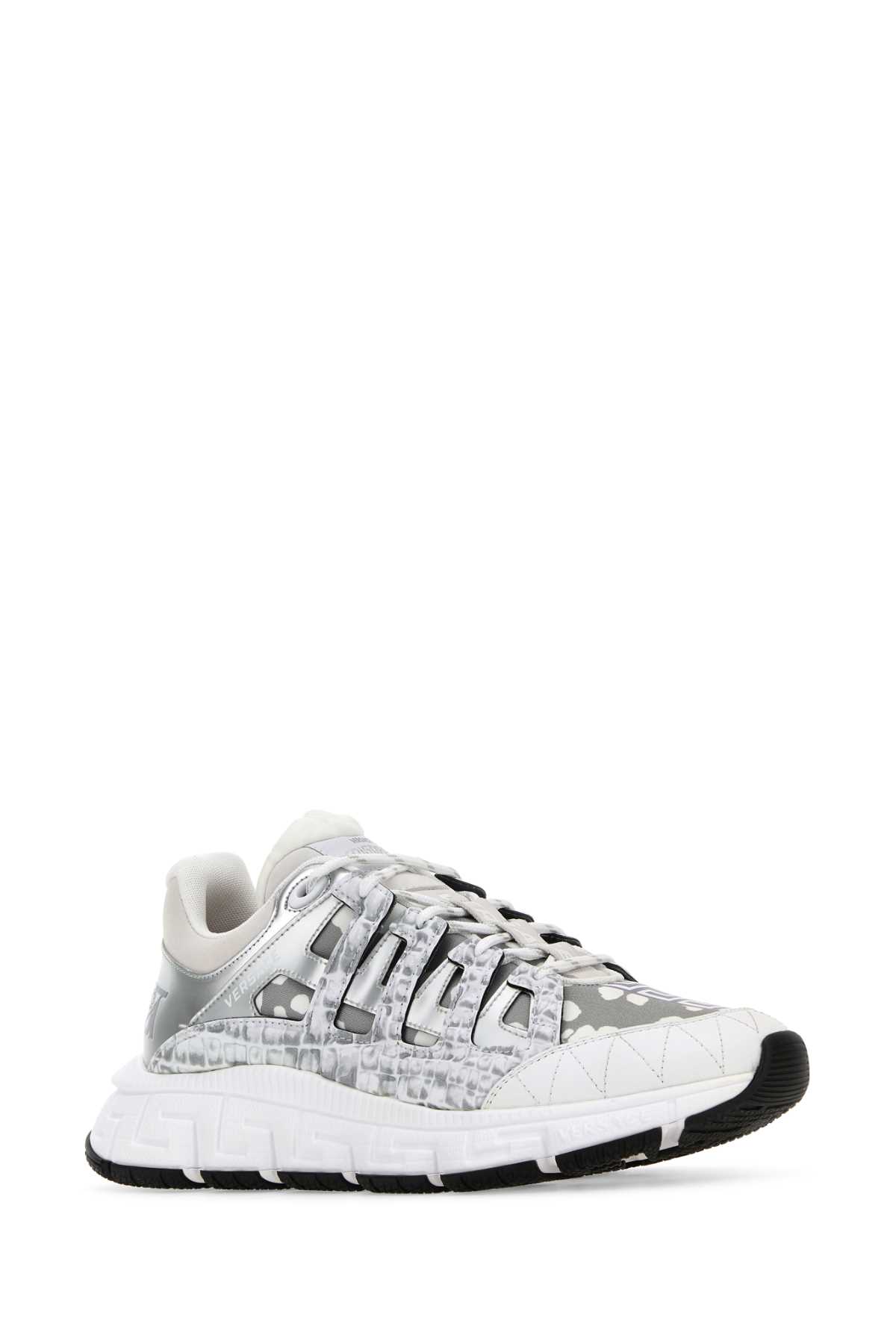 Shop Versace Two-tone Fabric And Leather Trigreca Sneakers In Whitesilver