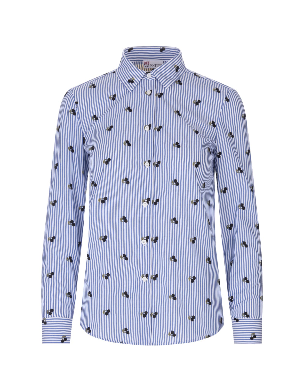 RED Valentino Woman White And Light Blue Striped Shirt With All-over Cherries