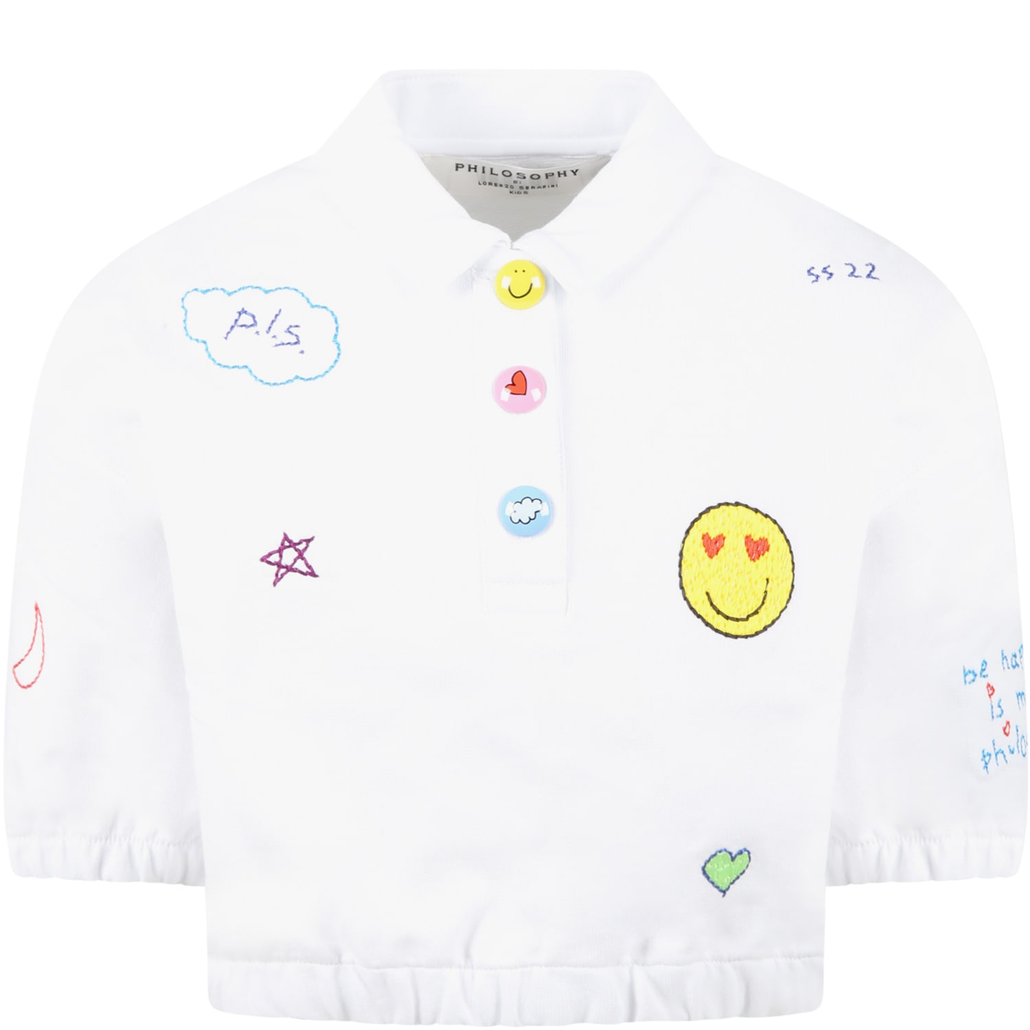 Philosophy di Lorenzo Serafini Kids White Polo For Girl With Designs Embroidered