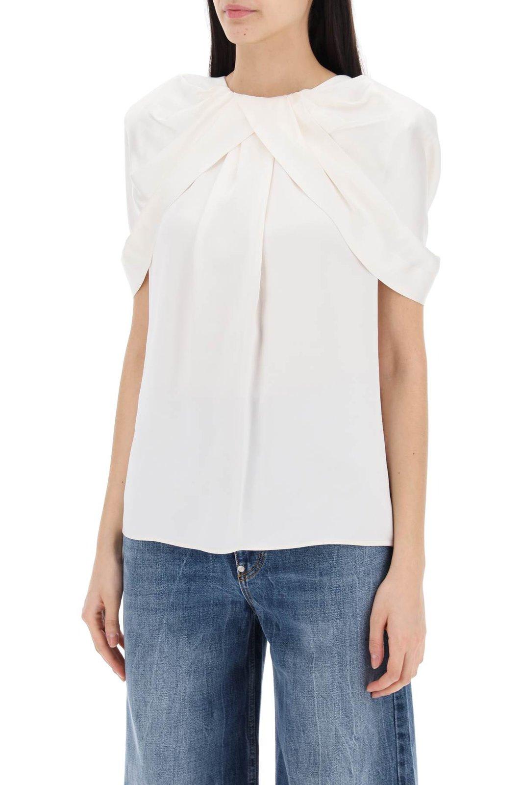 Shop Stella Mccartney Draped Shoulder Asymmetric Satin Top In Cream (white)