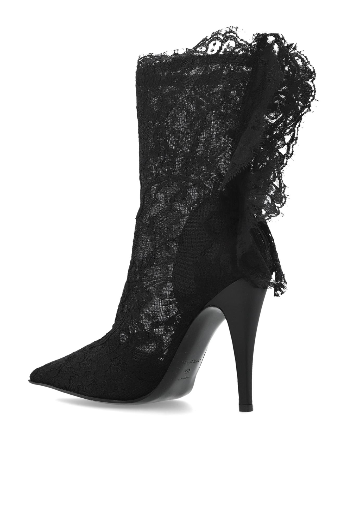 Alexander Mcqueen Lace Overlay Pointed Toe Stiletto Boots In Black