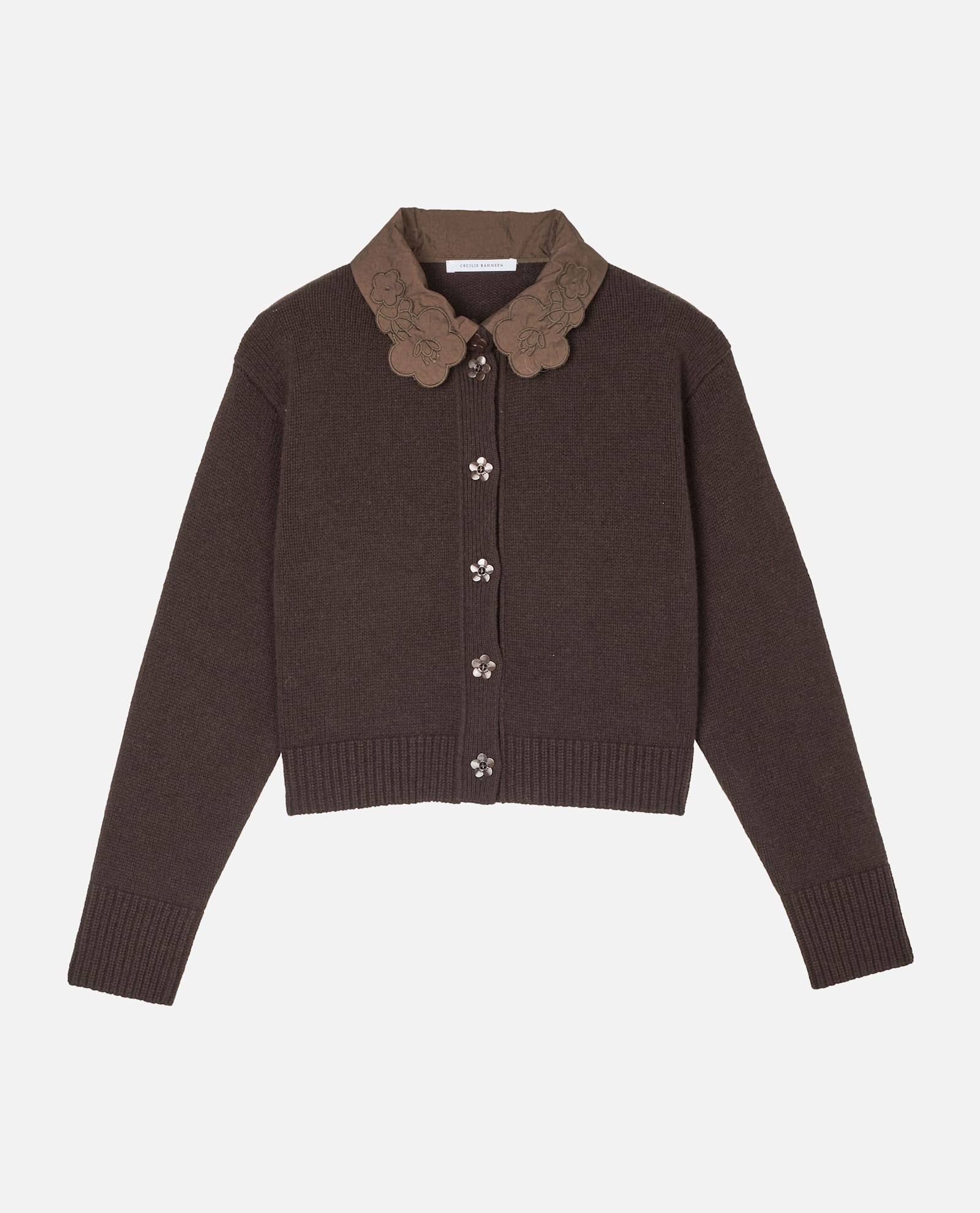 Cecilie Bahnsen Bibi Cashmere Blend Cardigan With Embroidered Collar In Brown