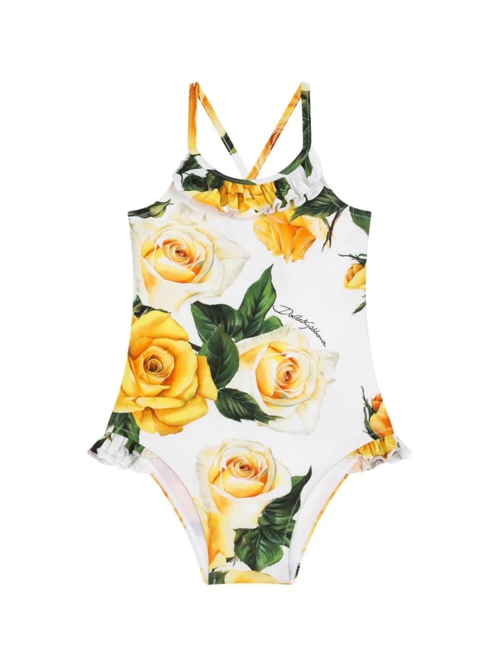 Shop Dolce & Gabbana White One-piece Swimwear With Yellow Rose Print