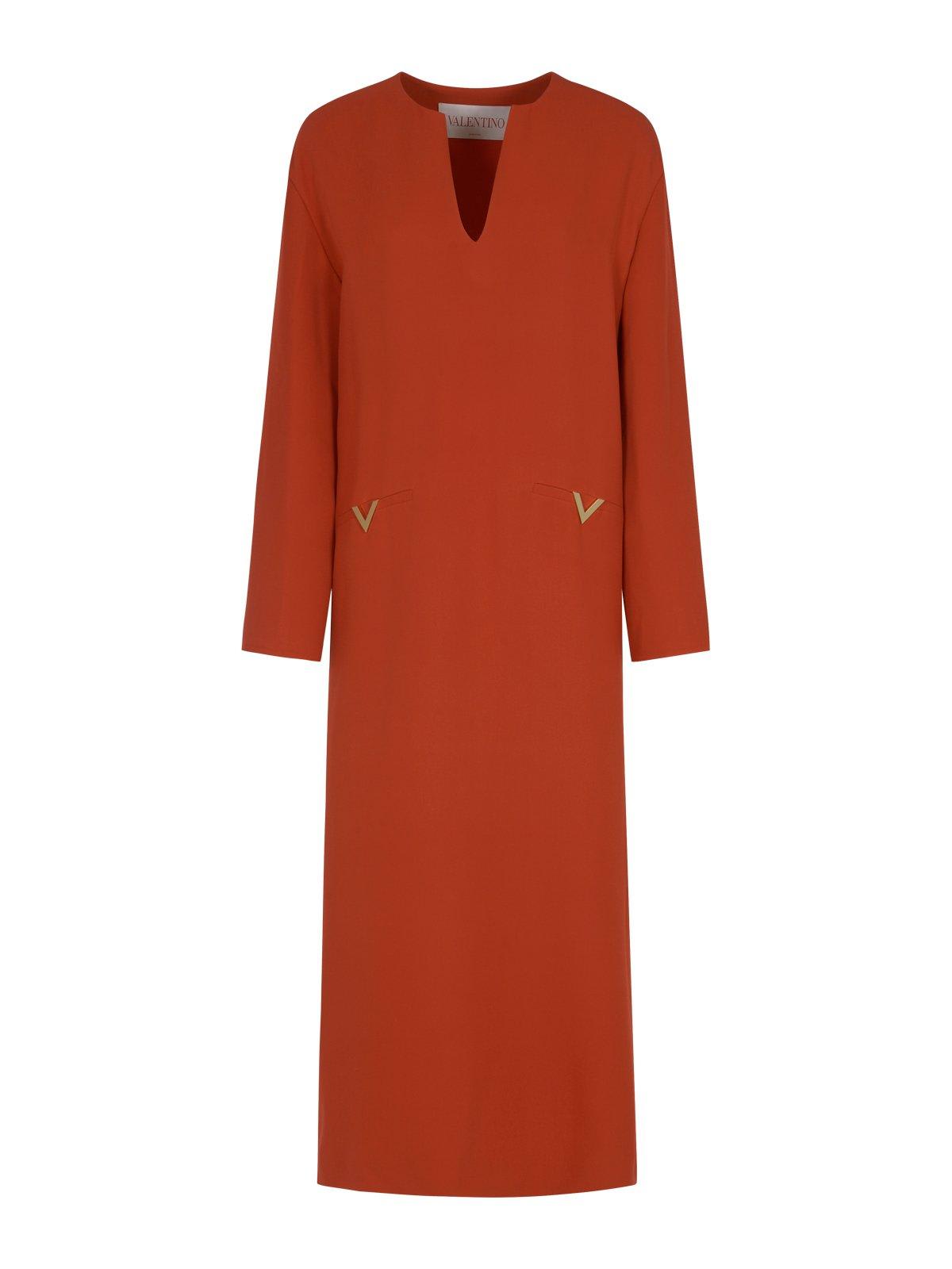 Shop Valentino Split Neck Long-sleeved Midi Dress In Orange
