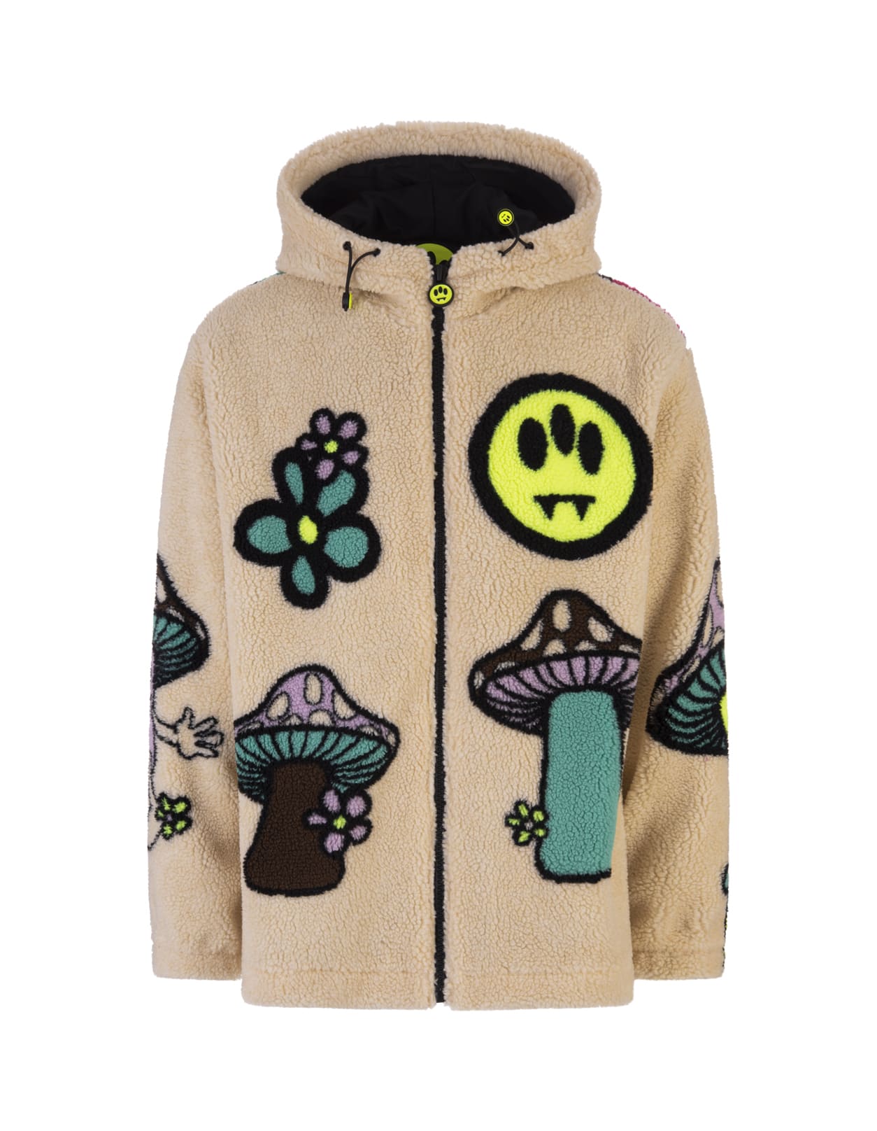 Barrow Unisex Beige Faux Fur Jacket With Mushroom All-over Screen Print