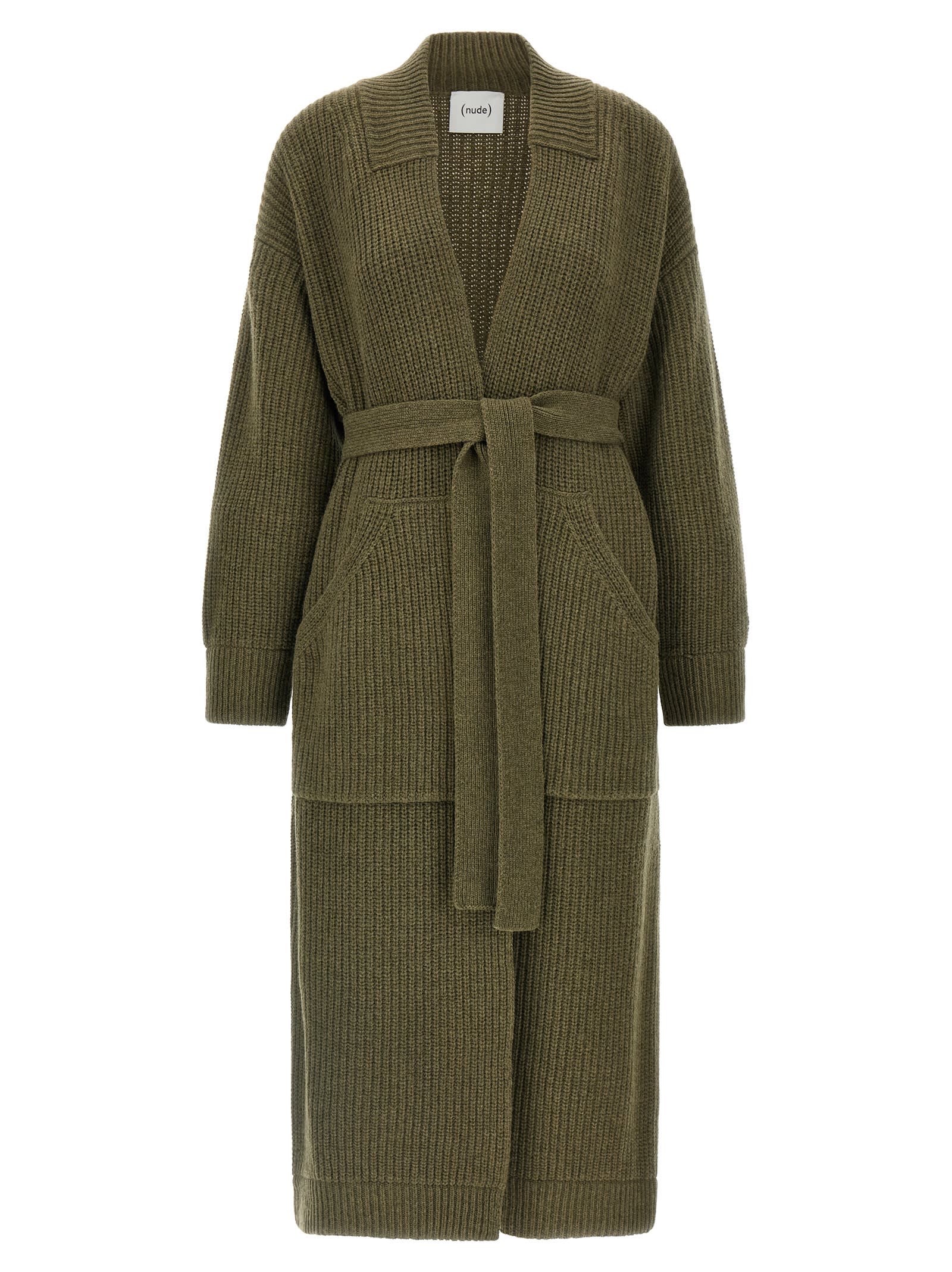 Nude Heavy Wool Knitted Coat With Shawl Collar In Green